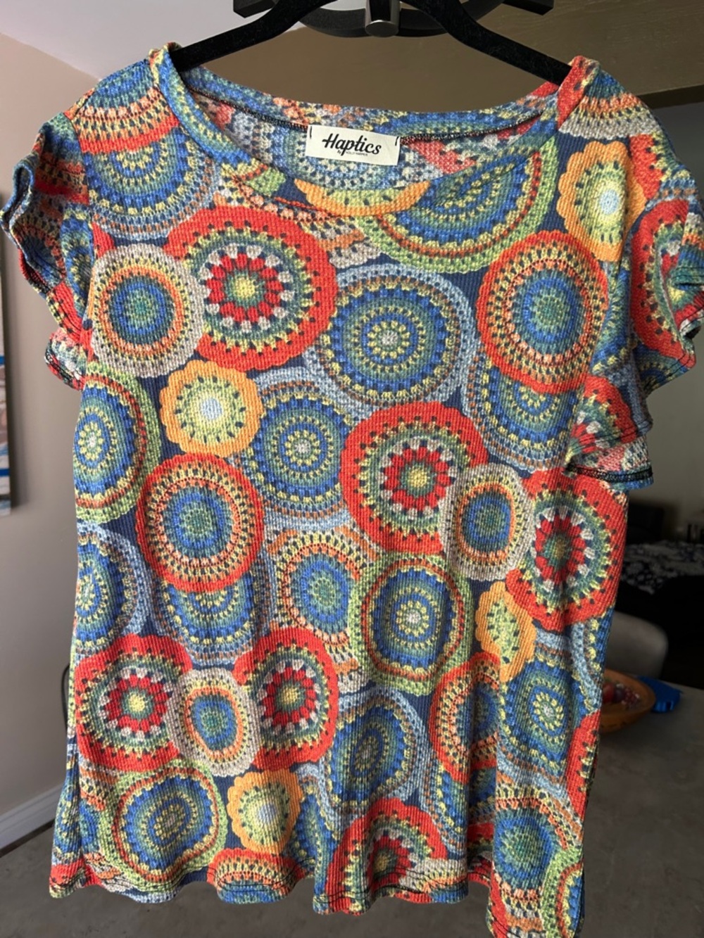 NWOT Multicolor Crochet Look Ruffle Sleeve Tee